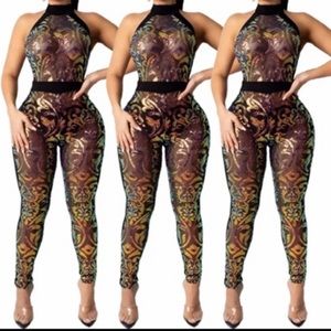 Glittery Golden Sequin Sheer Bodycon Jumpsuit